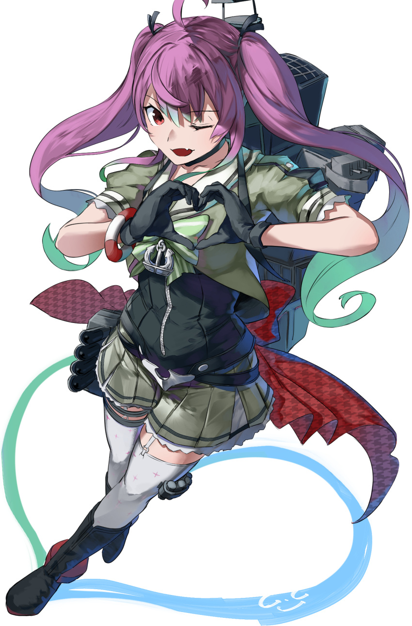 1girl adapted_turret ahoge anchor anti-aircraft anti-aircraft_gun black_gloves blush boots bow bowtie cannon fang full_body gegeron gloves gradient_hair green_bow green_bowtie green_hair grey_sailor_collar grey_skirt heart heart_hands highres kantai_collection long_hair machinery mast momo_(kancolle) multicolored_hair multiple_girls one_eye_closed open_mouth pink_hair pleated_skirt red_eyes rigging sailor_collar sailor_shirt school_uniform serafuku shirt signature simple_background skin_fang skirt smokestack solo sparkle_print thighhighs torpedo torpedo_launcher torpedo_tubes turret twintails white_background zipper_pull_tab