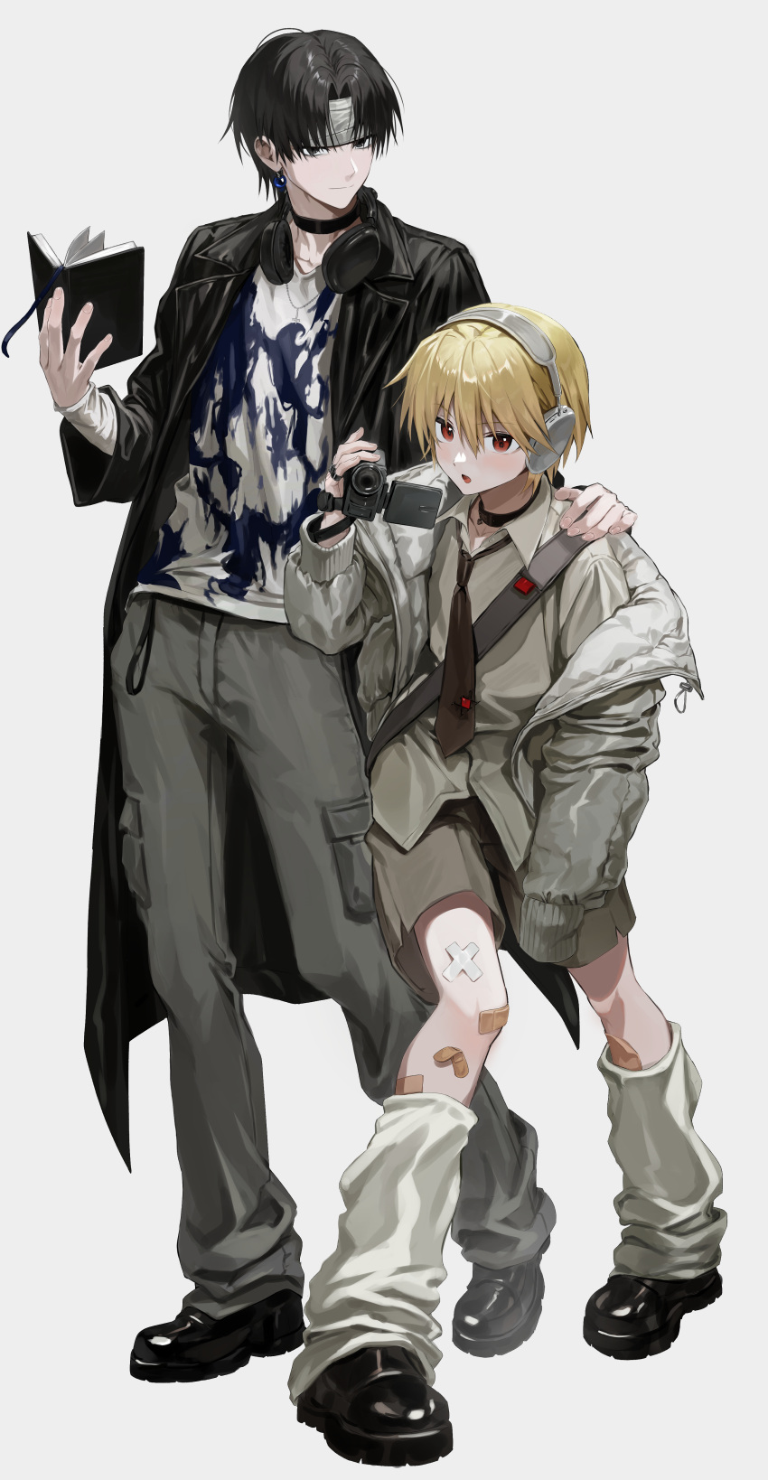 2boys absurdres akira_(nupekwa) alternate_costume androgynous baggy_socks bandaid bandaid_on_leg black_choker black_eyes black_hair black_necktie blonde_hair book camera choker chrollo_lucilfer coat collared_shirt full_body headphones highres holding holding_book holding_camera hunter_x_hunter kurapika long_sleeves looking_at_viewer male_focus multiple_boys necktie open_book open_clothes open_coat red_hair shirt short_hair standing white_background