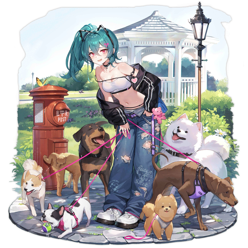 1girl animal_ear_hairband animal_ears aqua_hair ball bare_shoulders belt black_choker black_jacket blush breasts brown_dog bug bush butterfly chain choker cleavage closed_eyes clothes_writing collarbone crossed_bangs day denim dinergate_(girls'_frontline) dog dog_ears dog_request fake_animal_ears flower foliage forced_smile full_body gazebo girls'_frontline grass hair_between_eyes hair_ornament hairband hairclip hand_in_pocket hand_on_own_thigh heart highres holding holding_leash jacket jeans lamppost leaning_forward leash long_hair looking_at_viewer m327_(cutie_trainer)_(girls'_frontline) m327_(girls'_frontline) medium_breasts multiple_dogs navel non-humanoid_robot o-ring_arm_strap off_shoulder official_alternate_costume official_art open_clothes open_fly open_jacket open_mouth outdoors panties pants park path peeing ponytail postbox_(outgoing_mail) purple_belt red_eyes robot sangvis_ferri shoes sneakers solo standing stone_floor strapless striped_clothes striped_jacket stuffed_animal stuffed_toy sweat teddy_bear teddy_bear_ornament tennis_ball third-party_source tongue tongue_out too_many too_many_dogs torn_clothes torn_jeans torn_pants transparent_background tree tube_top underwear vertical-striped_clothes vertical-striped_jacket white_dog white_flower white_footwear white_panties white_tube_top whoisshe yellow_butterfly