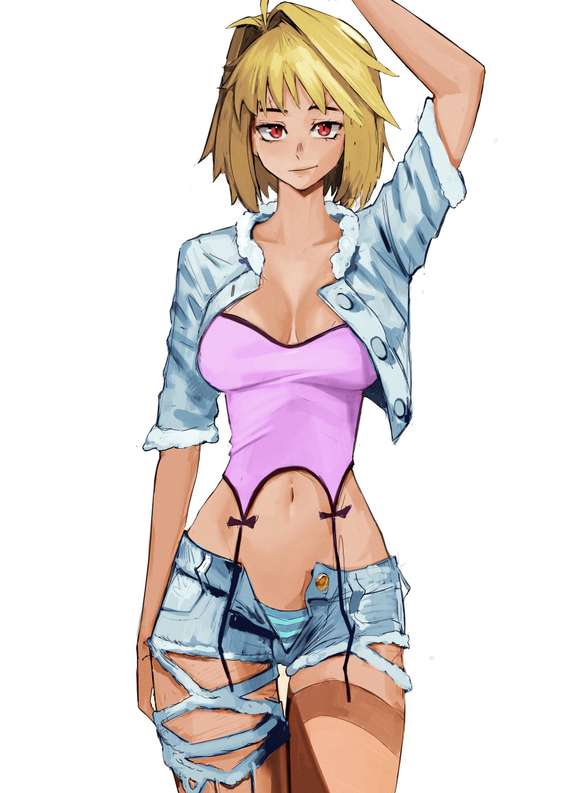 1girl absurdres ahoge alternate_costume arcueid_brunestud arm_up blonde_hair breasts cleavage closed_mouth collarbone highres large_breasts looking_at_viewer navel panties red_eyes short_sleeves simple_background solo striped_clothes striped_panties tefi_blum tsukihime underwear white_background