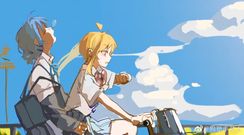 2girls ahoge backpack bag bicycle blonde_hair blue_bag blue_bow blue_bowtie blue_hair blue_jacket blue_skirt blue_sky blue_sleeves bocchi_the_rock! bow bowtie chinese_commentary clenched_teeth closed_eyes cloud collared_shirt commentary_request cowboy_shot day eyelashes from_side hand_on_another's_waist head_tilt highres hill ijichi_nijika jacket jacket_partially_removed lingyi long_hair long_sleeves looking_at_watch miniskirt multiple_girls nose_bubble open_mouth outdoors polka_dot_bowtie power_lines railing red_bow red_bowtie red_eyes riding riding_bicycle school_uniform shirt short_hair short_sleeves shuka_high_school_uniform side_ponytail skirt sky sleeping sweatdrop teeth tree watch watermark weibo_logo weibo_username white_shirt white_sleeves wristwatch yamada_ryo