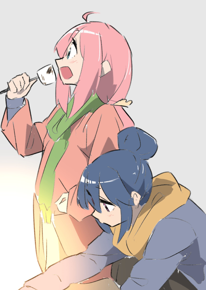 2girls blue_eyes blue_hair eating from_side green_scarf highres jacket kagamihara_nadeshiko multiple_girls oekakiism pink_hair pink_jacket purple_eyes roasted_marshmallow scarf shima_rin simple_background sketch squatting standing yellow_scarf yurucamp