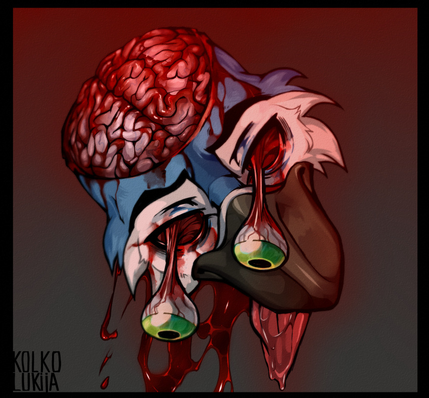 absurd_res anthro avian beak bird blood bodily_fluids death eye_socket gore green_eyes hi_res kolkolukija male open_skull portrait saliva solo tongue tongue_out