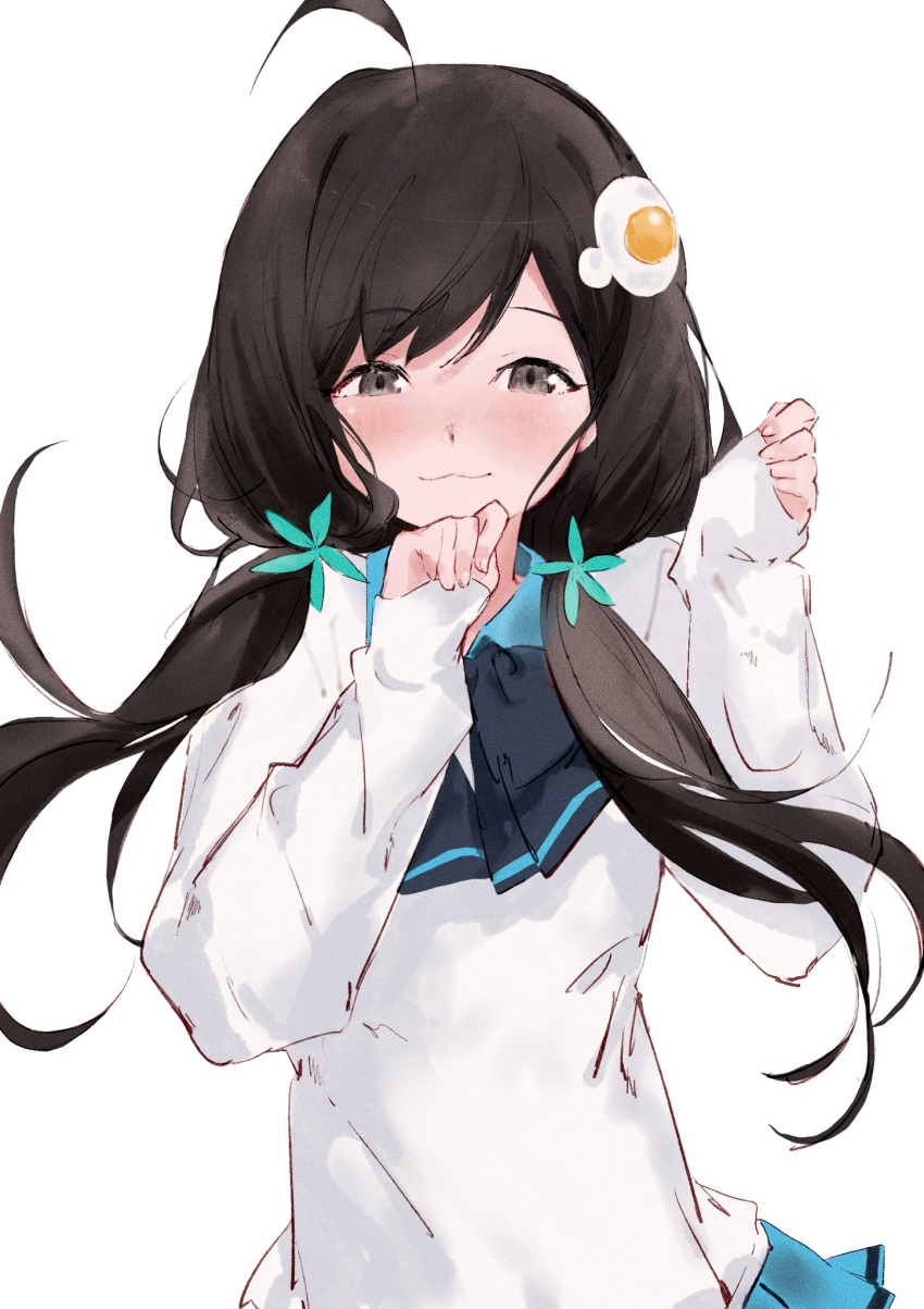 1girl araragi_tsukihi black_hair blue_skirt brown_eyes closed_mouth egg_hair_ornament flower_hairband food-themed_hair_ornament hair_ornament hands_up highres light_blush light_smile long_hair long_sleeves looking_at_viewer low_twintails moku_(muooku) monogatari_(series) school_uniform shirt skirt smug twintails upper_body white_background white_shirt