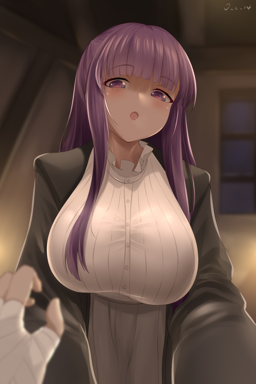 1boy 1girl absurdres bandaged_hand bandages black_robe blunt_bangs breasts dress fern_(sousou_no_frieren) highres indoors j.c.14 large_breasts long_hair open_mouth pov pov_hands purple_eyes purple_hair robe solo_focus sousou_no_frieren stark_(sousou_no_frieren) white_dress