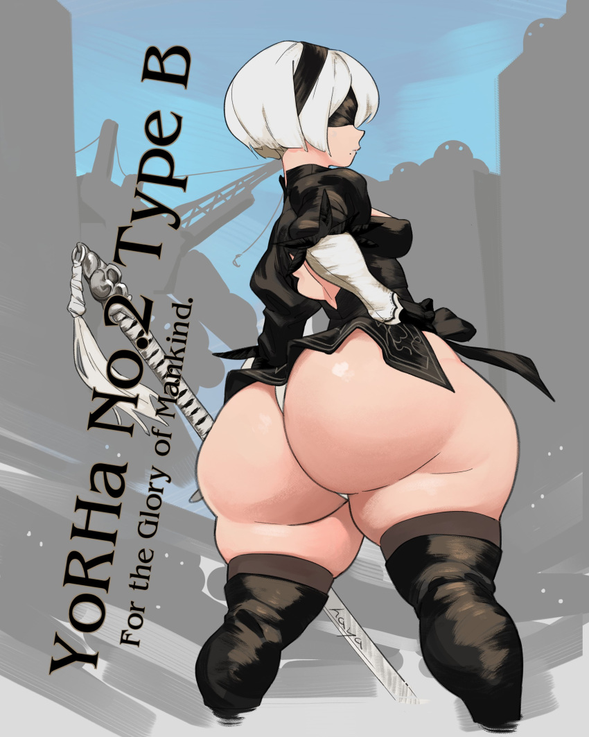 1girl 2b_(nier:automata) absurdres hayabusart highres katana nier:automata nier_(series) panties short_hair solo standing sword underwear upskirt weapon white_hair