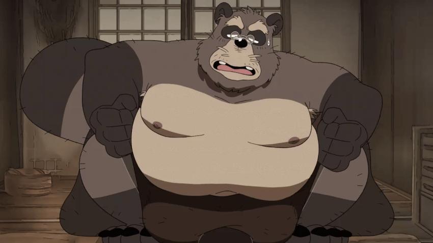 2024 animated anthro balls belly big_balls big_belly brown_body canid canine detailed_background duo eto1212 eyewear genitals glasses kemono male mammal mature_male moobs nipples obese obese_male overweight overweight_male raccoon_dog solo_focus tanuki
