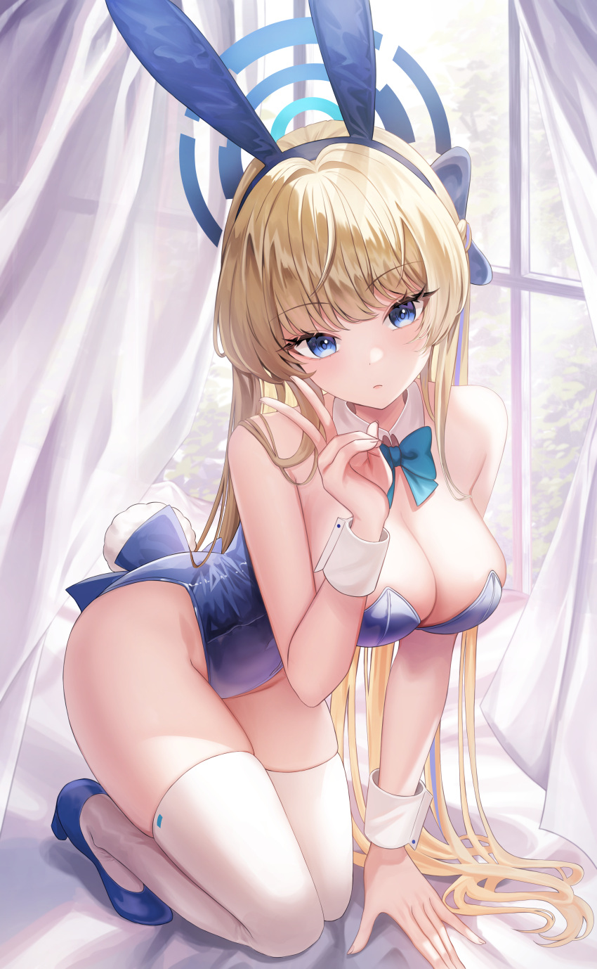 1girl absurdres animal_ears bare_shoulders blonde_hair blue_archive blue_bow blue_bowtie blue_eyes blue_hair blue_halo blue_leotard bow bowtie breasts cleavage closed_mouth commentary_request curtains detached_collar fake_animal_ears fake_tail halo highres indoors large_breasts leotard long_hair looking_at_viewer multicolored_hair official_alternate_costume playboy_bunny ppudang rabbit_ears rabbit_tail solo streaked_hair tail thighhighs toki_(blue_archive) toki_(bunny)_(blue_archive) v white_thighhighs window