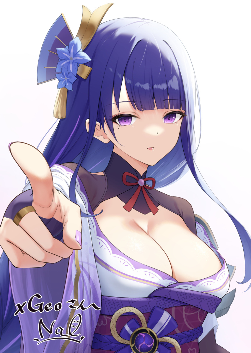 1girl absurdres breasts cleavage commission english_commentary flower genshin_impact gohei_(aoi_yuugure) hair_flower hair_ornament highres japanese_clothes kimono large_breasts long_hair long_sleeves looking_at_viewer mole mole_under_eye parted_lips pointing pointing_at_viewer purple_eyes purple_hair purple_nails raiden_shogun sash second-party_source simple_background skeb_commission solo translation_request white_background
