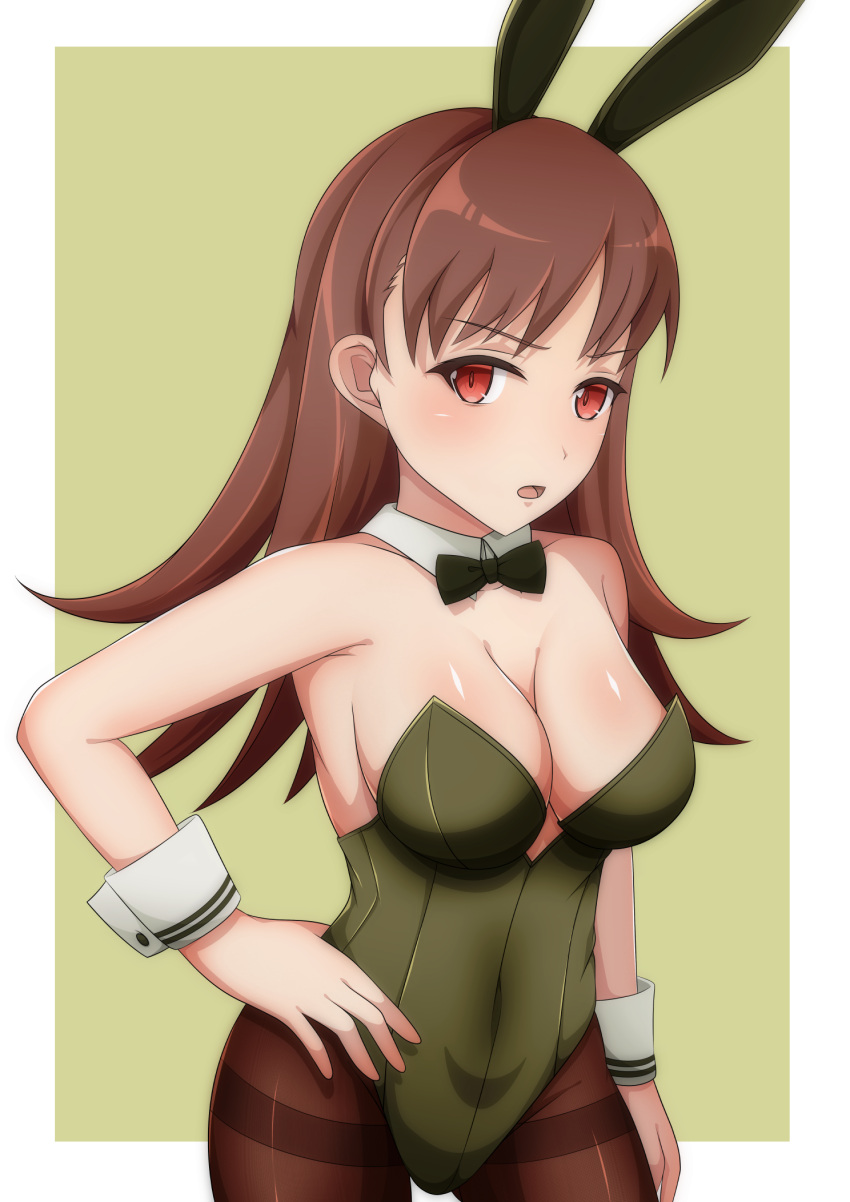 1girl animal_ears bare_shoulders bell_shireikan blush bow bowtie breasts brown_eyes brown_hair brown_pantyhose cleavage covered_navel detached_collar fake_animal_ears green_leotard hand_on_own_hip highres kantai_collection leotard long_hair looking_at_viewer medium_breasts ooi_(kancolle) open_mouth pantyhose playboy_bunny rabbit_ears solo strapless strapless_leotard traditional_bowtie wrist_cuffs