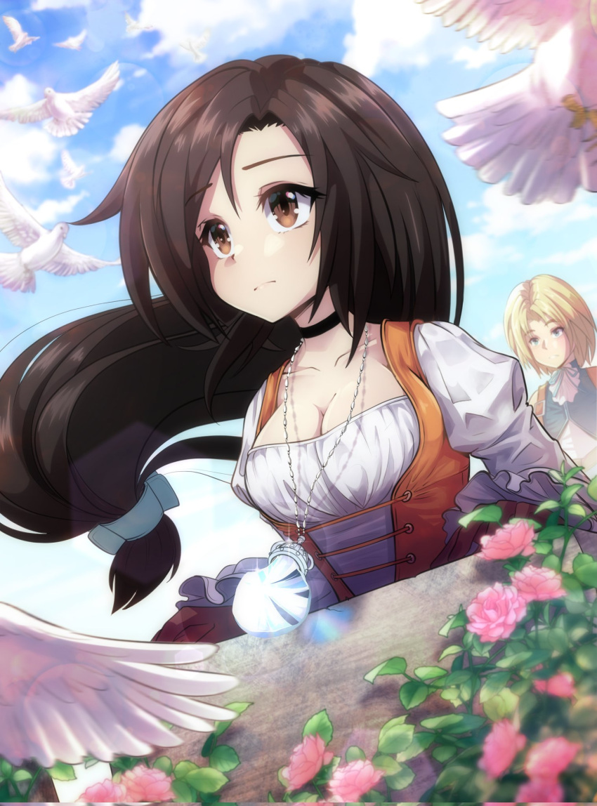 1boy 1girl aqua_vest bird black_choker blonde_hair bodysuit breasts brown_eyes brown_hair choker cleavage closed_mouth cloud cloudy_sky crystal dove final_fantasy final_fantasy_ix flower garnet_til_alexandros_xvii gloves hair_ornament hairclip highres jewelry long_hair long_sleeves looking_at_another low-tied_long_hair medium_breasts neck_ribbon orange_bodysuit outdoors parted_bangs pendant pink_flower puffy_long_sleeves puffy_sleeves red_gloves ribbon roisin shirt sky swept_bangs underbust upper_body white_shirt zidane_tribal