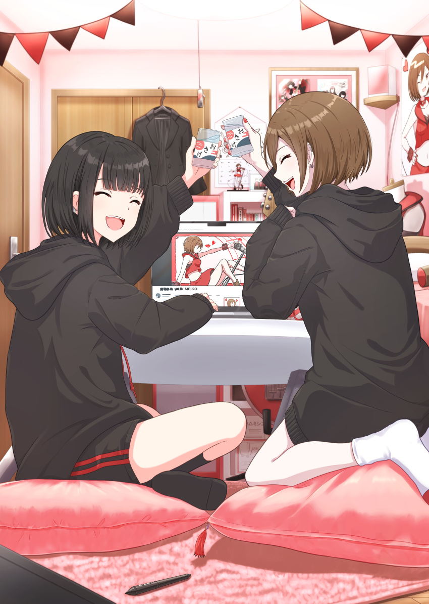 2girls absurdres bed black_hair black_hoodie black_jacket black_shorts black_socks bookshelf brown_hair closed_eyes commentary computer crossed_legs cup cushion door earrings full_body glass guitar hangar hanging_scroll highres holding holding_cup hood hoodie indoors instrument itogari jacket jewelry laptop looking_at_another mannequin master_(vocaloid) meiko_(vocaloid) multiple_girls no_shoes open_mouth pillow rug scroll seiza shelf short_hair shorts sitting sleeves_past_wrists smile socks string_of_flags stylus table tablet_pc toasting_(gesture) unworn_jacket vocaloid white_socks zabuton