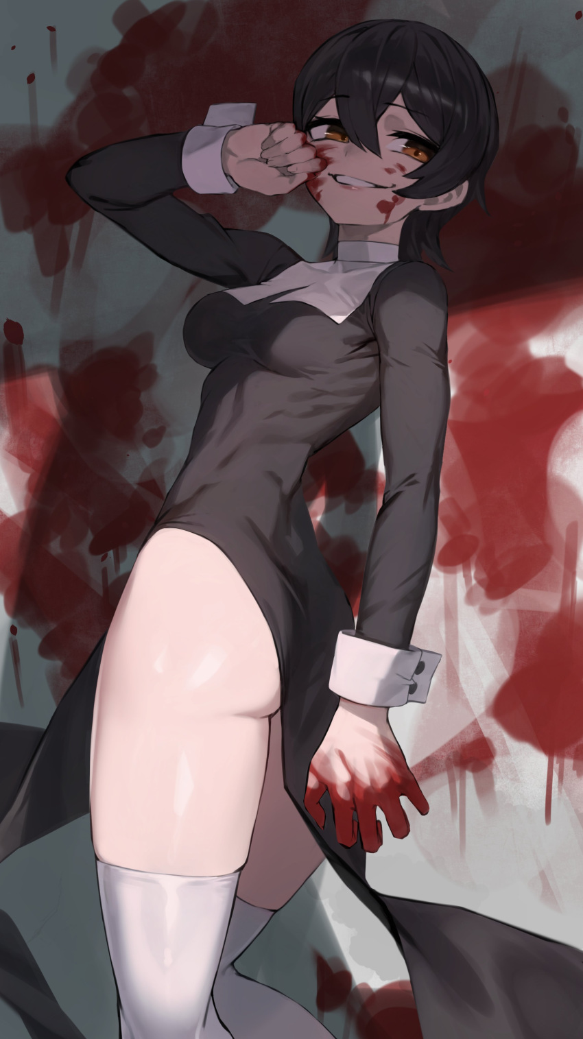 1girl absurdres ass blood blood_on_face brown_eyes chorogon evil_grin evil_smile grin highres looking_to_the_side nerine_(explosifchoker) nun short_hair side_slit smile smirk thighhighs thighs white_thighhighs wiping_face