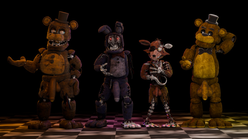 animatronic anthro bear bonnie_(fnaf) canid canine five_nights_at_freddy's fox foxy_(fnaf) freddy_(fnaf) golden_freddy_(fnaf) group hi_res hyper lagomorph leporid machine male male/male mammal rabbit robot scottgames showoff teasing zaneanimations