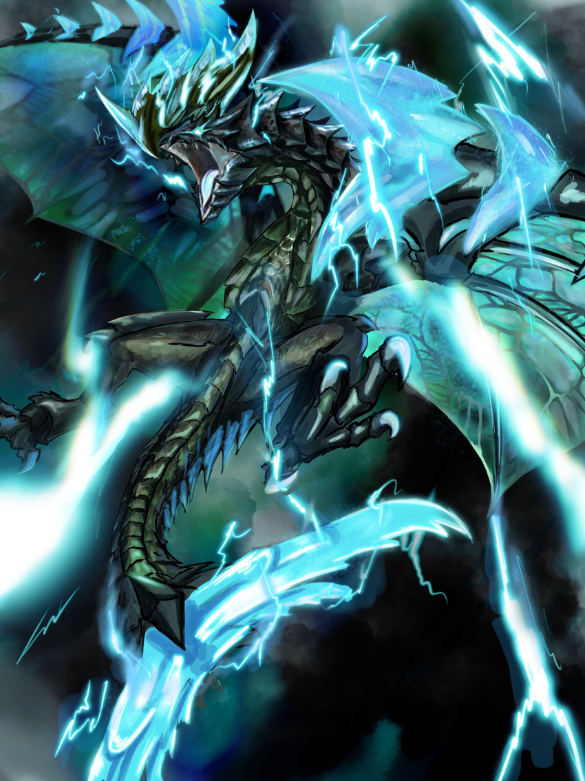 absurdres astalos blue_eyes boltreaver_astalos claws cloud cloudy_sky digitigrade dragon electricity electrokinesis flying from_below fujikura glowing glowing_eyes glowing_tail highres horns membrane monster monster_focus monster_hunter_(series) monster_hunter_x open_mouth scales sharp_tail sharp_teeth sky spikes spread_wings teeth wyvern