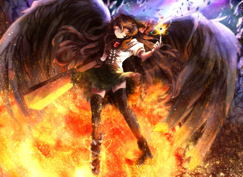 1girl arm_cannon atom bird_wings black_sun black_thighhighs black_wings bow breasts brown_hair closed_mouth commentary_request control_rod embers fire floating_hair floating_rock frilled_skirt frills frown full_body glowing glowing_eyes green_bow green_skirt hair_between_eyes hair_bow heat_haze highres index_finger_raised long_bangs long_hair matsufox medium_breasts orange_eyes puffy_short_sleeves puffy_sleeves reiuji_utsuho serious shirt short_sleeves skirt solo sun thighhighs third_eye touhou weapon white_shirt wings zettai_ryouiki