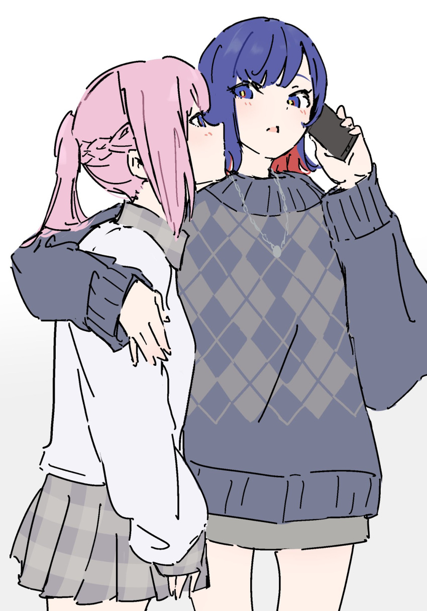 2girls annoyed argyle_clothes argyle_sweater arm_around_shoulder atenaba blue_eyes blue_hair braid colored_inner_hair commentary french_braid gradient_background grey_background grey_skirt grey_sweater hashtag_only_commentary highres holding holding_phone kaf_(kamitsubaki_studio) kamitsubaki_studio long_sleeves looking_at_another looking_at_viewer medium_hair multicolored_hair multiple_girls open_mouth phone pink_hair plaid plaid_skirt pleated_skirt ponytail red_hair rim_(kamitsubaki_studio) skirt sweater talking_on_phone white_background white_sweater yellow_pupils yuri