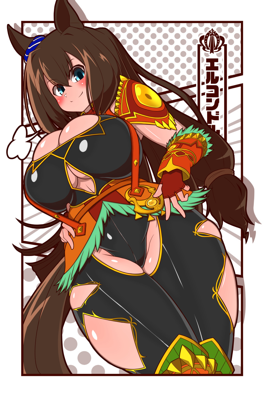 1girl absurdres animal_ear_piercing animal_ears armor black_shirt blue_eyes braid braided_ponytail breasts brown_hair cleavage cleavage_cutout clothing_cutout commentary_request ear_ribbon el_condor_pasa_(kukulkan_monk)_(umamusume) el_condor_pasa_(umamusume) gauntlets green_skirt hair_between_eyes highres horse_ears horse_girl large_breasts long_hair mask no_mask official_alternate_costume official_alternate_hairstyle open_mouth running samuraisouru1954 shirt short_braid single_bare_shoulder skirt solo sweat umamusume very_sweaty