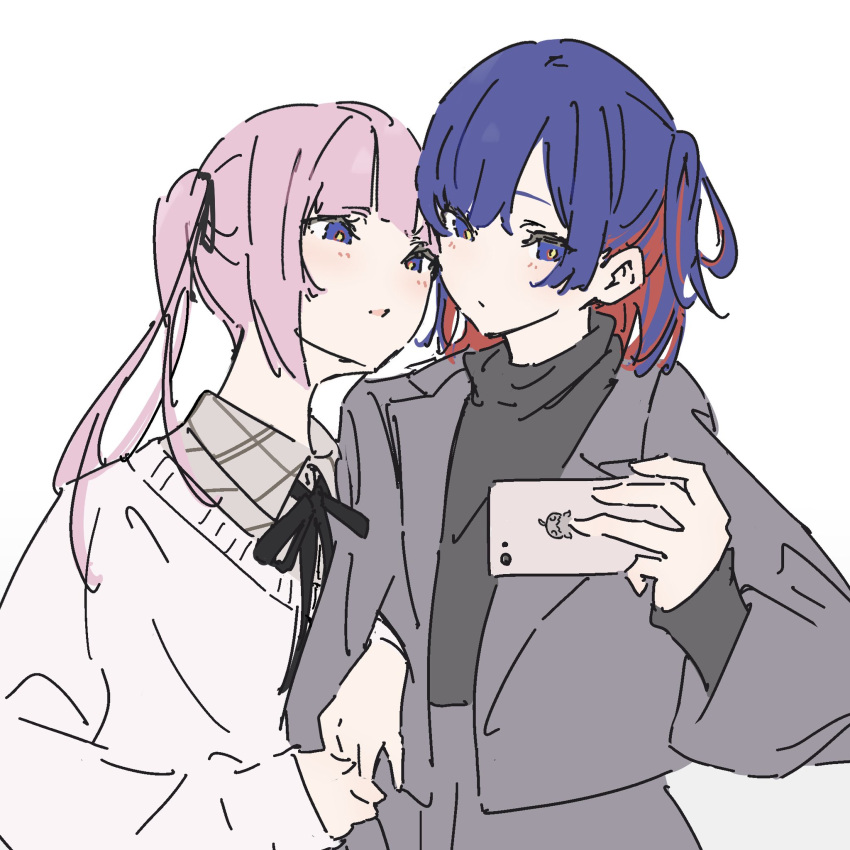2girls atenaba black_ribbon black_sweater blue_eyes blue_hair cellphone collared_shirt colored_inner_hair commentary grey_jacket grey_shirt hair_ribbon hashtag_only_commentary highres holding holding_phone jacket kaf_(kamitsubaki_studio) kamitsubaki_studio locked_arms long_hair long_sleeves multicolored_hair multiple_girls neck_ribbon one_side_up parted_lips phone pink_hair red_hair ribbon rim_(kamitsubaki_studio) shirt simple_background smartphone smile sweater turtleneck twintails white_background white_sweater yellow_pupils yuri