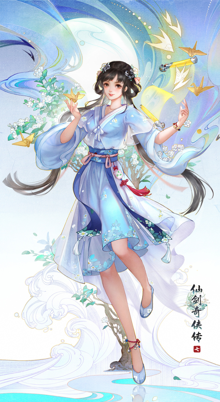 1girl absurdres ankle_bell ankle_flower bai_moqing_(xianjian_qixia_zhuan_7) black_hair blue_dress blue_footwear breasts chinese_clothes copyright_name dress flower flower_bracelet full_body hair_ornament highres logo long_hair official_art origami paper_crane second-party_source shoes smile solo tassel white_flower wide_sleeves xianjian_qixia_zhuan xianjian_qixia_zhuan_7