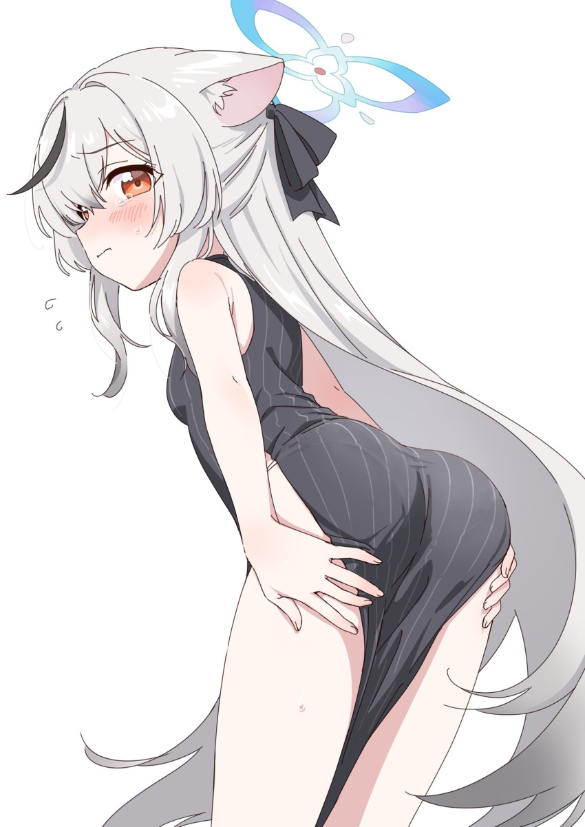 1girl animal_ear_fluff animal_ears ass ass_focus black_dress black_ribbon blue_archive blush breasts brown_eyes child commentary_request cowboy_shot dress grey_hair hair_ribbon halo hands_on_own_thighs highres kokona_(blue_archive) long_hair looking_at_viewer panties panty_peek pout ribbon sidelocks sleeveless sleeveless_dress small_breasts solo striped_clothes striped_dress sweat tearing_up thighs tibaridooor underwear vertical-striped_clothes vertical-striped_dress white_background white_panties