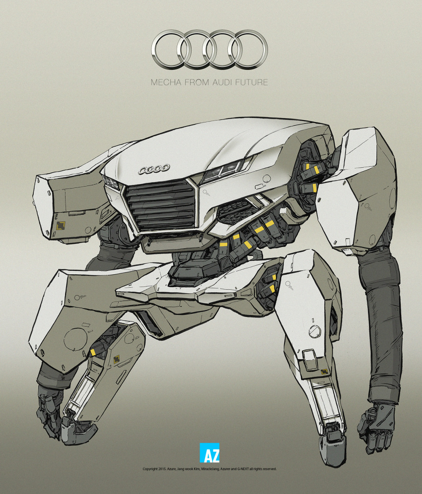 artist_logo audi english_commentary full_body grey_background highres john_azure_kim mecha no_humans original robot science_fiction solo standing