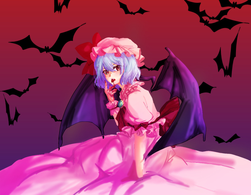 1girl amulet bat_wings blue_hair dress dress_ribbon hat hat_ribbon medium_hair mob_cap red_eyes remilia_scarlet ribbon shee_take short_sleeves solo touhou white_dress wings