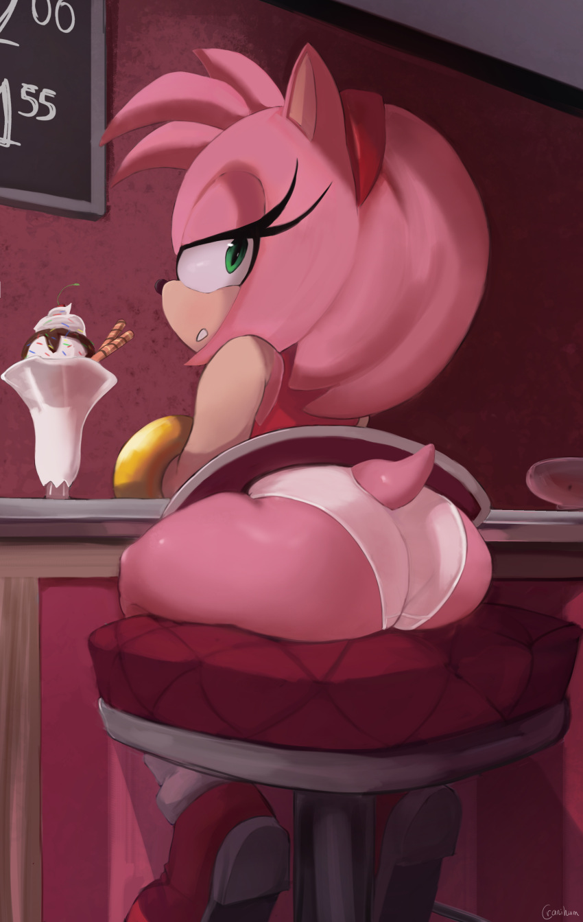 2024 absurd_res accessory amy_rose anthro butt clothed clothing cranihum dessert dress eulipotyphlan female food footwear furniture green_eyes hair hair_accessory hairband hedgehog hi_res ice_cream looking_back mammal multicolored_body panties pink_body pink_hair sega shoes sitting solo sonic_the_hedgehog_(series) stool tan_body two_tone_body underwear upskirt