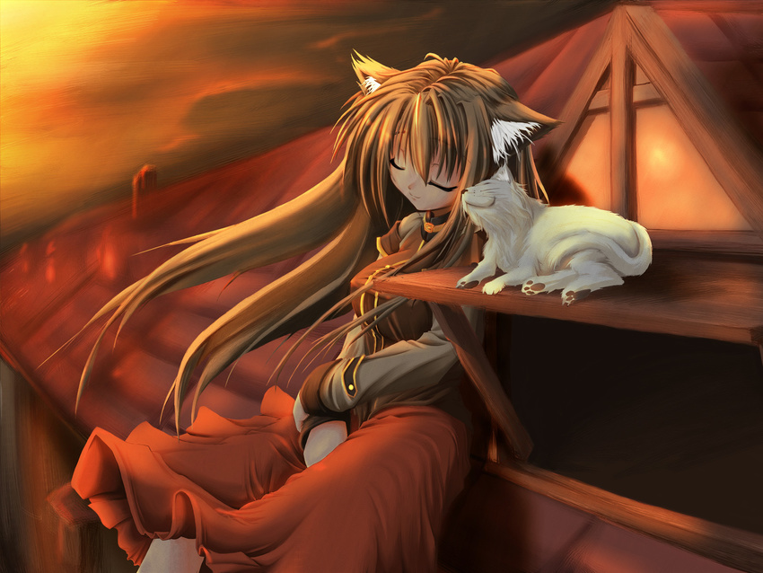 animal_ears brown_hair cat cat_ears closed_eyes gizensha highres long_hair long_sleeves original rooftop sitting sky solo sunset