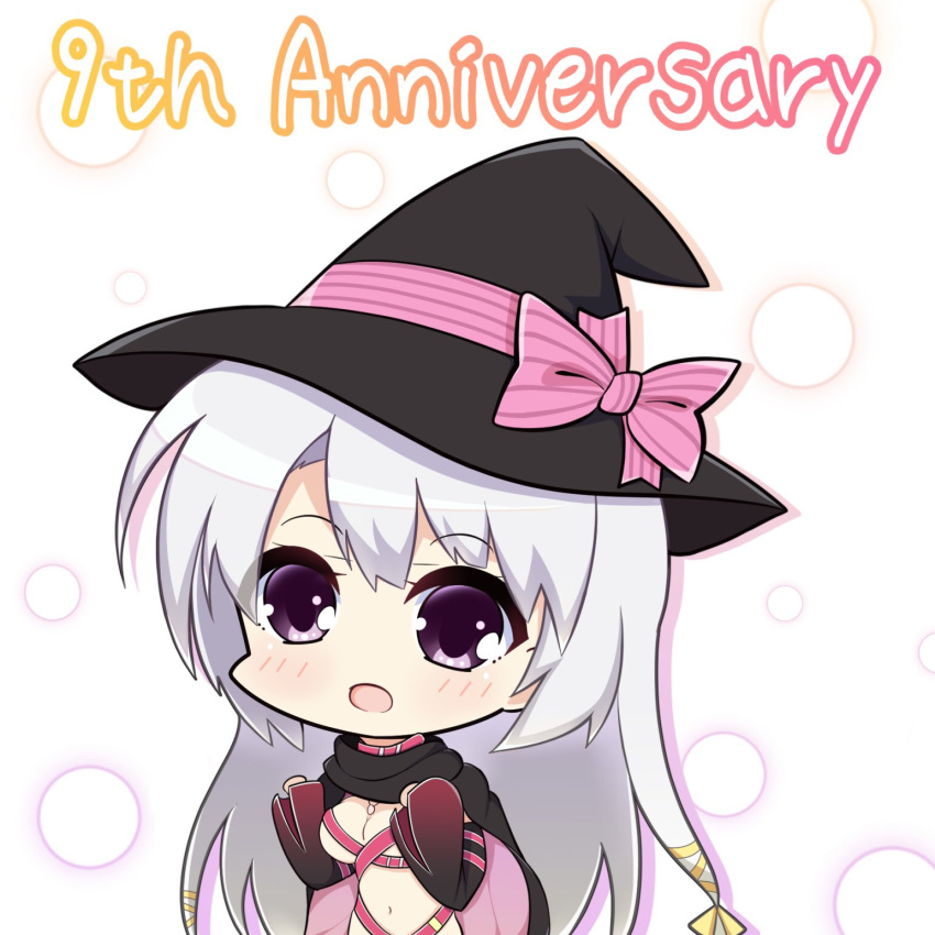 1girl anniversary ayachi_nene belt belt_bra black_cloak black_headwear black_sleeves blush bow breasts chibi cleavage cloak commentary_request detached_sleeves english_text grey_hair hair_between_eyes hair_bow hair_ribbon hands_up happy hat highres jewelry large_breasts long_hair looking_at_viewer navel necklace open_mouth pink_belt pink_bow purple_eyes ribbon sanoba_witch simple_background sleeves_past_wrists smile solo striped_bow taiga5556 tareme upper_body very_long_hair white_background wide_sleeves witch_hat yellow_ribbon