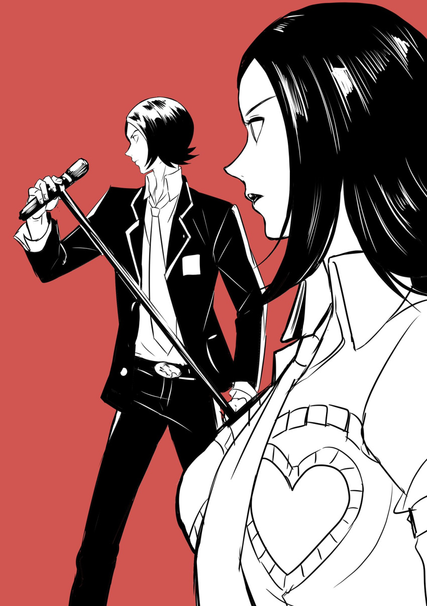 1boy 1girl amano_maya breasts closed_mouth greyscale highres holding holding_microphone_stand igusaharu lipstick long_hair makeup microphone microphone_stand monochrome persona persona_2 persona_2_batsu simple_background spot_color suou_tatsuya