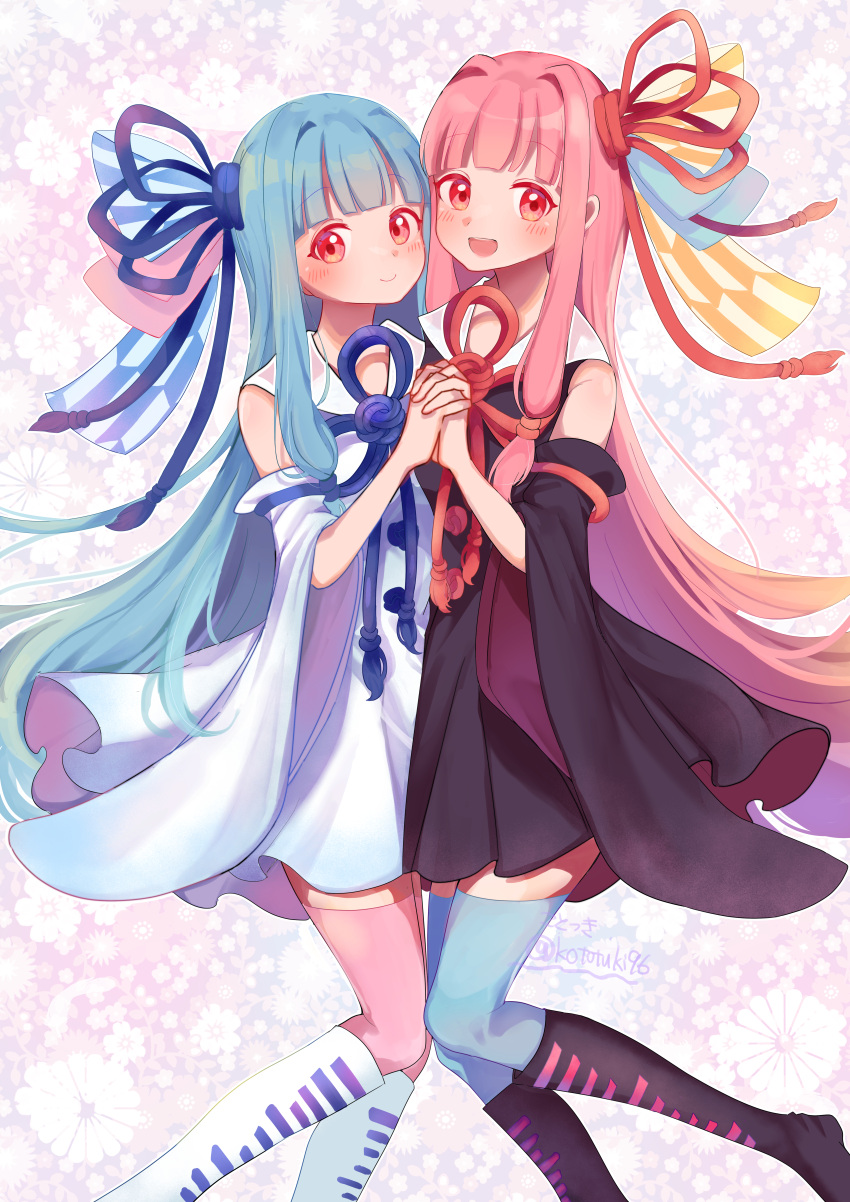 2girls a.i._voice absurdres artist_name black_dress black_footwear blue_hair blue_ribbon blue_tassel blue_thighhighs blunt_bangs blush boots closed_mouth detached_sleeves dress floral_background flower_knot hair_ribbon hair_tie highres holding_hands interlocked_fingers knee_boots kotonoha_akane kotonoha_aoi kototsuki_(kototuki96) leg_up long_hair looking_at_viewer low-tied_long_hair multiple_girls open_mouth pink_hair pink_ribbon pink_thighhighs purple_background red_eyes red_tassel ribbon short_dress siblings sisters sleeveless sleeveless_dress smile straight_hair teeth thighhighs twins twitter_username upper_teeth_only very_long_hair voiceroid white_dress white_footwear wide_sleeves yagasuri yellow_ribbon