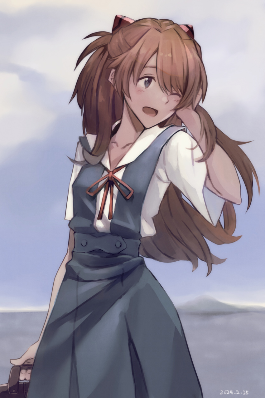 1girl blue_eyes blush brown_hair evangelion:_3.0+1.0_thrice_upon_a_time hair_between_eyes hair_ornament highres interface_headset long_hair neon_genesis_evangelion plugsuit rebuild_of_evangelion school_uniform solo souryuu_asuka_langley two_side_up yagisawa_teru