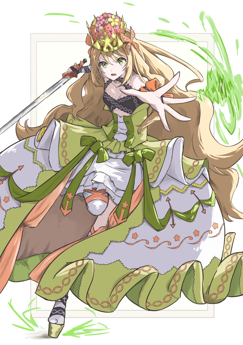 1girl bare_shoulders blonde_hair bow butterfly_hair_ornament celine_(fire_emblem) clothing_cutout commentary_request crown detached_sleeves dress fire_emblem fire_emblem_engage flower frilled_dress frills full_body green_bow green_eyes hair_ornament highres holding holding_sword holding_weapon kazami_doriru long_dress long_hair looking_at_viewer open_mouth orange_bow outstretched_hand partial_commentary ribbon solo sword very_long_hair weapon white_background