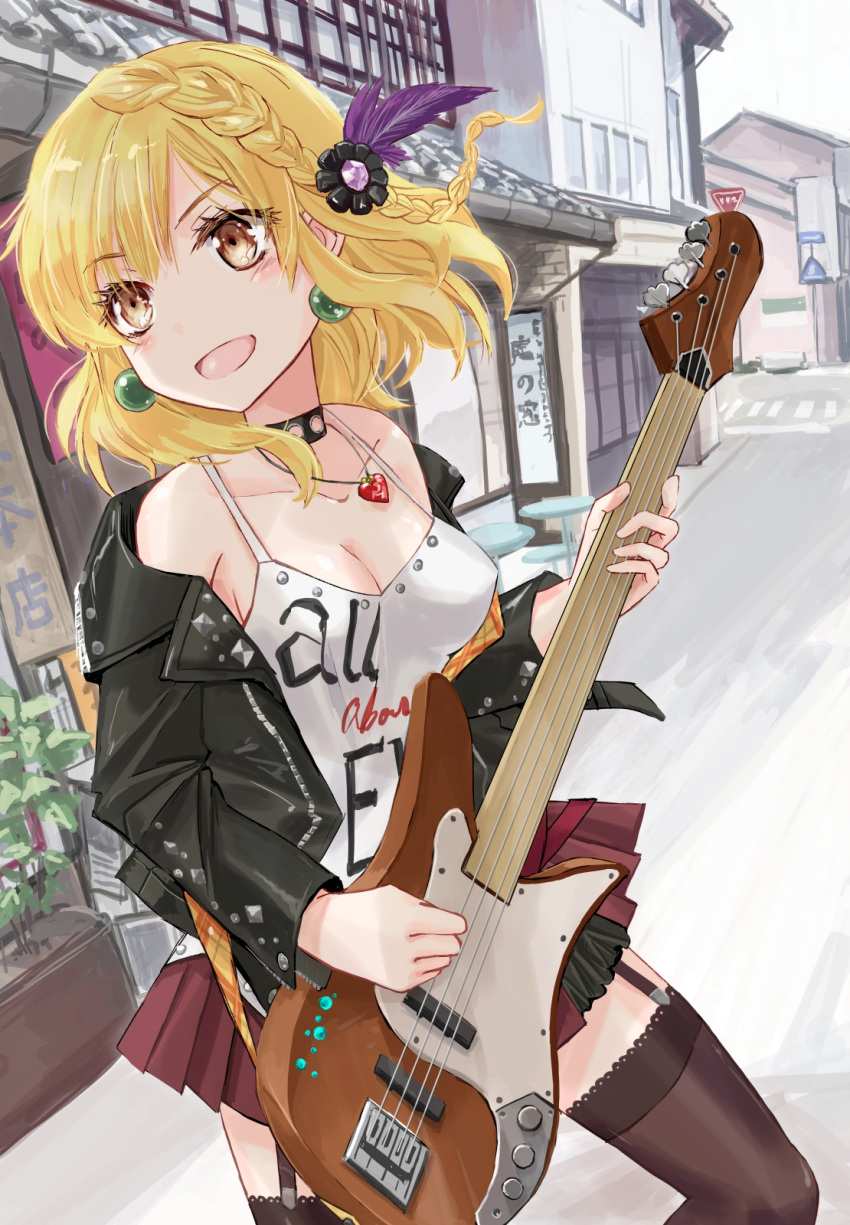 1girl bass_guitar black_jacket black_thighhighs blonde_hair braid breasts brown_eyes building camisole cleavage clothes_writing earrings feather_hair_ornament feathers garter_straps gem guitar hair_ornament heart heart_necklace highres hinabita holding holding_guitar holding_instrument house instrument izumi_ibuki jacket jewelry jun_(rellik_&amp;_redrum) long_sleeves medium_breasts medium_hair music necklace open_mouth outdoors plant playing_instrument pleated_skirt potted_plant purple_feathers purple_gemstone red_skirt road road_sign sign single_braid skirt sky solo spaghetti_strap sphere_earrings standing street studded_jacket thighhighs white_camisole white_sky zettai_ryouiki