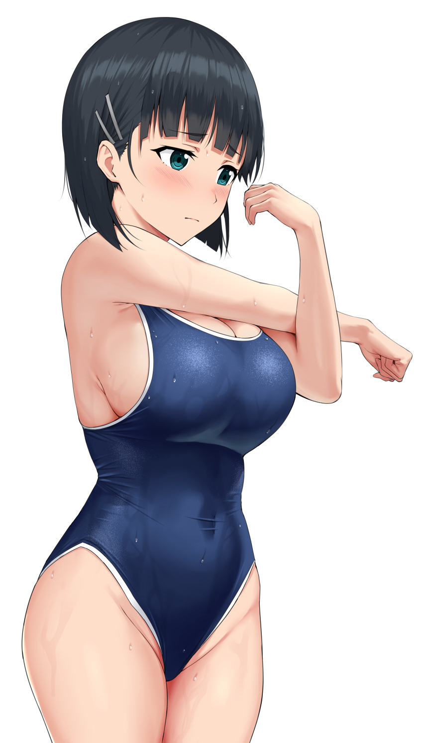 1girl absurdres ariatorai black_hair blue_eyes bob_cut breasts closed_mouth commentary_request covered_navel groin hair_ornament hairclip highres kirigaya_suguha large_breasts school_swimsuit short_hair sideboob solo stretching swimsuit sword_art_online white_background