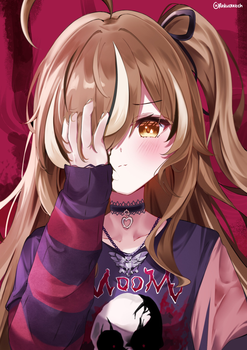 1girl absurdres ahoge black_choker black_hair black_shirt black_sweater blush brown_eyes brown_hair choker hair_over_one_eye hand_on_own_face highres hololive hololive_english huge_ahoge lace-trimmed_choker lace_trim long_hair looking_at_viewer multicolored_hair nanashi_mumei nanashi_mumei_(4th_costume) nightmare_(nanashi_mumei) official_alternate_costume one_side_up red_sweater rokusketch shirt streaked_hair striped_clothes striped_sweater sweater sweater_under_jacket very_long_hair virtual_youtuber white_hair