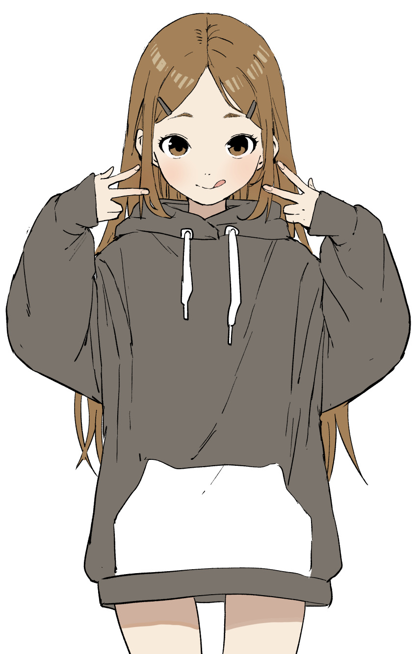 1girl :q absurdres black_hoodie brown_eyes brown_hair closed_mouth copyright_request drawstring forehead hair_ornament hairclip hands_up highres hood hood_down hoodie long_hair long_sleeves looking_at_viewer parted_bangs puffy_long_sleeves puffy_sleeves simple_background sleeves_past_wrists smile solo standing thick_eyebrows tongue tongue_out very_long_hair white_background yamamoto_souichirou