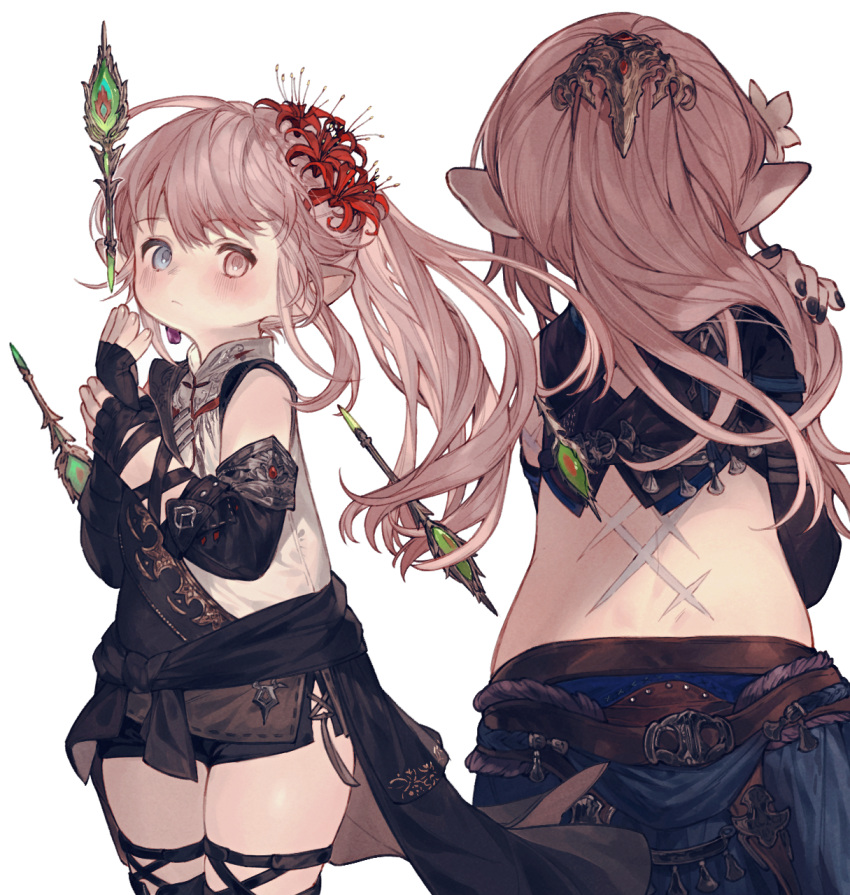 1girl black_gloves black_nails black_shorts blue_eyes blush dart earrings final_fantasy final_fantasy_xiv fingerless_gloves flower from_behind gauntlets gloves haiiro_(frabilovelove) hair_ornament heterochromia highres jewelry lalafell long_hair looking_at_viewer pink_hair pointy_ears ponytail red_eyes red_flower scar scar_on_back shorts single_earring solo spider_lily standing thigh_strap thighs white_background