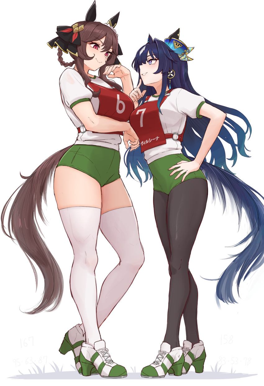 2girls absurdres animal_ears benikirin blue_eyes blue_hair blush brown_hair buruma closed_mouth commentary_request ear_covers ear_ornament ears_through_headwear full_body gentildonna_(umamusume) green_buruma green_footwear grin hair_between_eyes hair_ornament hand_on_own_hip high_heels highres horse_ears horse_girl horse_tail long_hair multicolored_hair multiple_girls original_race_uniform_(umamusume) pantyhose_under_buruma puffy_short_sleeves puffy_sleeves race_bib red_eyes shirt short_sleeves simple_background single_ear_cover smile standing streaked_hair tail thighhighs umamusume verxina_(umamusume) white_background white_footwear white_hair white_shirt white_thighhighs