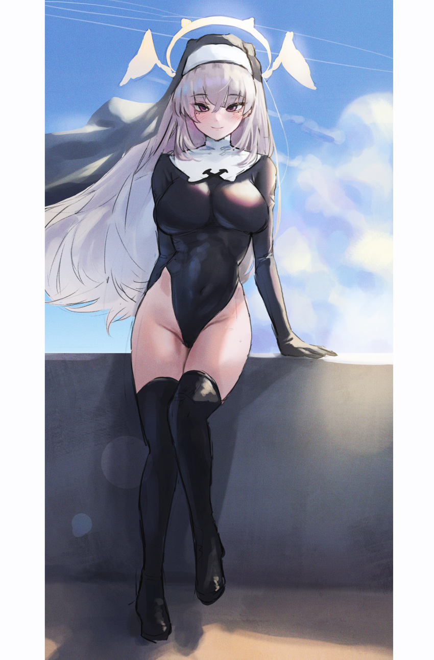 1girl absurdres black_headwear black_leotard black_thighhighs blue_archive blush breasts commentary_request floating_hair full_body grey_hair groin habit halo highleg highleg_leotard highres justina_follower_(blue_archive) large_breasts latex leotard looking_at_viewer official_alternate_costume outdoors pillarboxed sakurako_(blue_archive) smile solo thighhighs uth_95