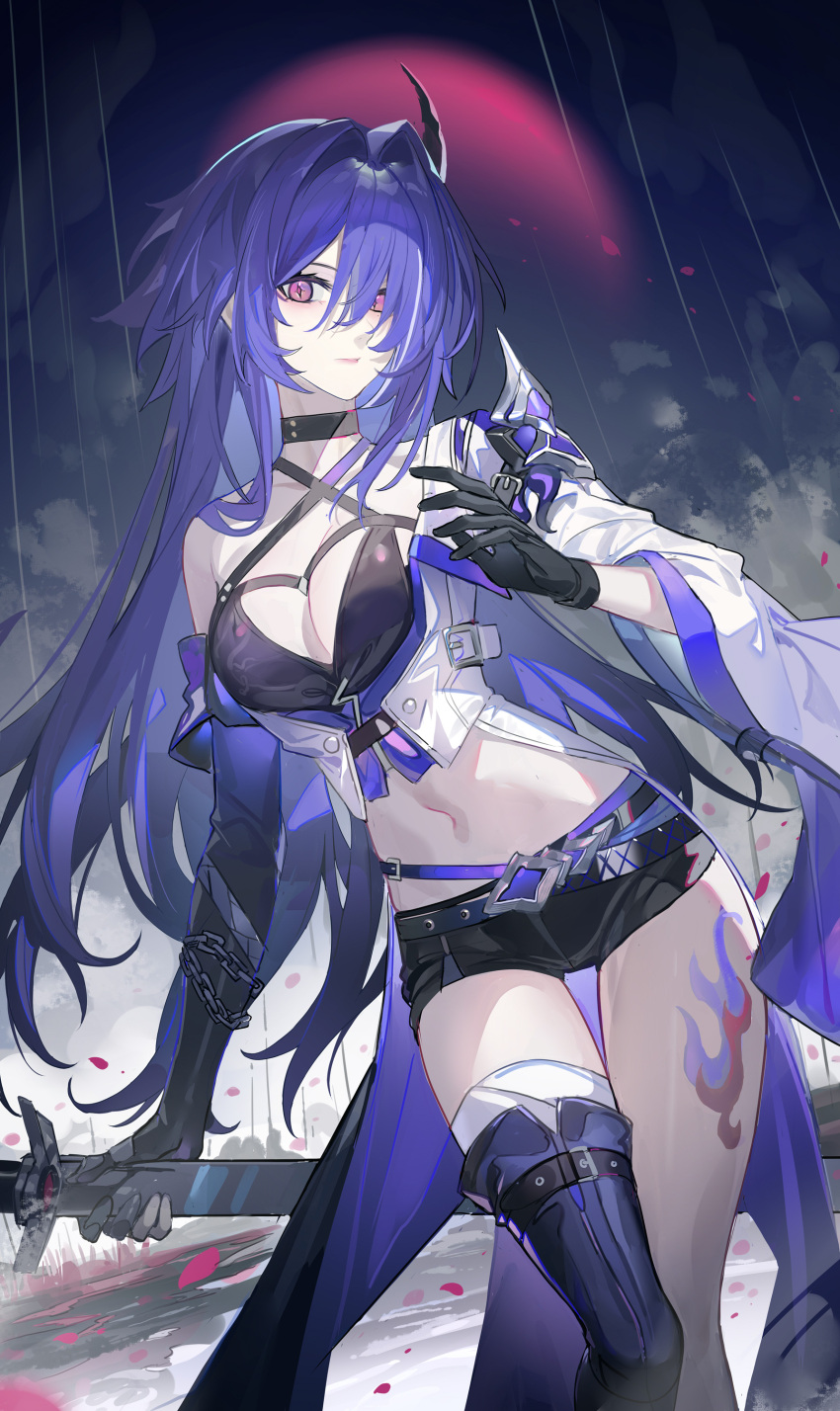 1girl absurdres acheron_(honkai:_star_rail) asymmetrical_gloves belt black_belt black_choker black_gloves boots breasts chain choker cleavage commentary_request criss-cross_halter crop_top echj elbow_gloves feet_out_of_frame gloves hair_intakes halterneck highres holding holding_sword holding_weapon honkai:_star_rail honkai_(series) leg_tattoo long_hair medium_breasts midriff navel purple_eyes purple_hair single_bare_shoulder single_boot solo standing stomach sword tattoo thigh_boots thighs very_long_hair weapon