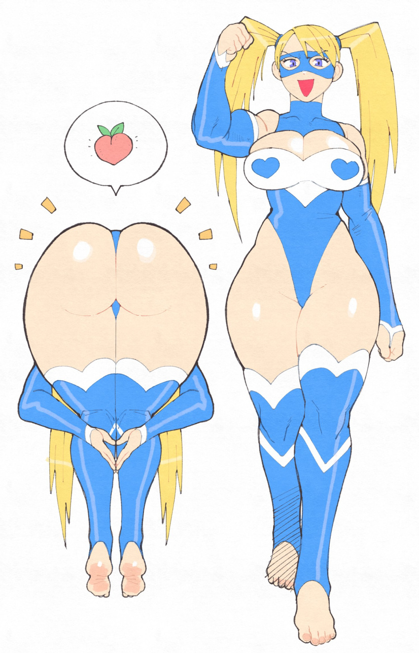 1girl ass ass_focus barefoot biceps blonde_hair blue_eyes blue_leotard breasts cleavage_cutout clothing_cutout food fruit highres inkerton-kun large_breasts leotard long_hair multiple_views open_mouth peach rainbow_mika spoken_food street_fighter thick_thighs thighs toeless_legwear twintails v-shaped_eyebrows wide_hips