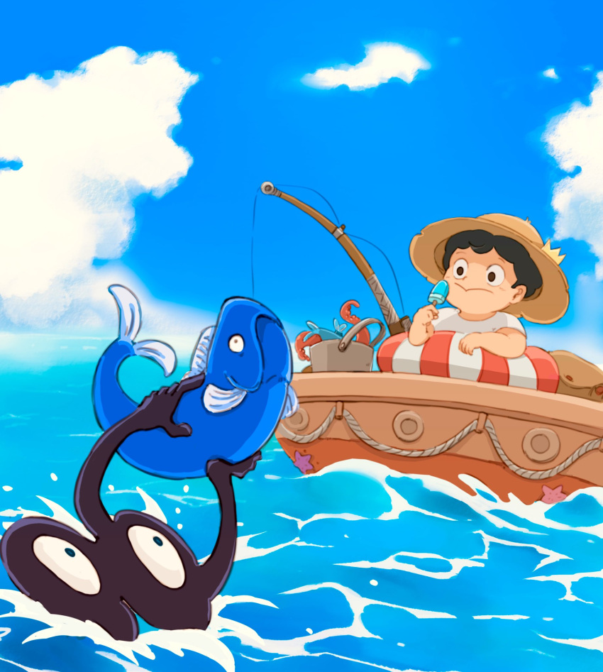 1boy animal black_eyes black_hair boat bojji brown_headwear closed_mouth cloud commentary_request day fish fishing_rod food hat highres holding holding_animal holding_fish kage_(ousama_ranking) looking_at_another male_focus ocean ousama_ranking outdoors popsicle shirt short_hair short_sleeves sun_hat waataaanaaaaabe water watercraft white_shirt