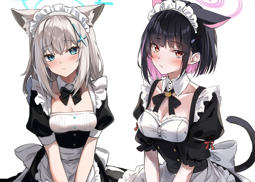 2girls alternate_costume apron black_dress black_hair blue_archive blue_eyes blue_halo blush breasts cat_tail cleavage closed_mouth colored_inner_hair cross_hair_ornament dress ear_down enmaided extra_ears grey_hair hair_ornament hairclip halo highres kazusa_(blue_archive) looking_at_viewer maid maid_apron maid_headdress marisasu_(marisa0904) medium_breasts mismatched_pupils multicolored_hair multiple_girls pink_hair pink_halo puffy_short_sleeves puffy_sleeves red_eyes shiroko_(blue_archive) short_hair short_sleeves simple_background slit_pupils tail upper_body waist_apron white_apron white_background