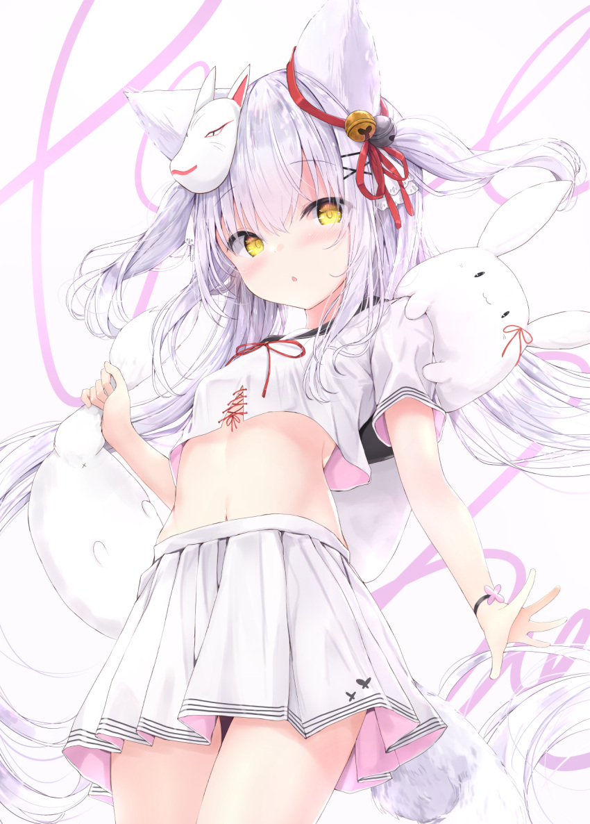 1girl :o animal_ears bell black_sailor_collar blush breasts commentary_request crop_top fox_mask grey_hair hair_bell hair_between_eyes hair_ornament hair_ribbon hairclip hand_up highres holding jingle_bell kouda_suzu long_hair looking_at_viewer mask mask_on_head midriff navel original parted_lips pleated_skirt red_ribbon ribbon sailor_collar school_uniform serafuku shirt short_sleeves skirt small_breasts solo standing two_side_up very_long_hair white_background white_shirt white_skirt x_hair_ornament yellow_eyes