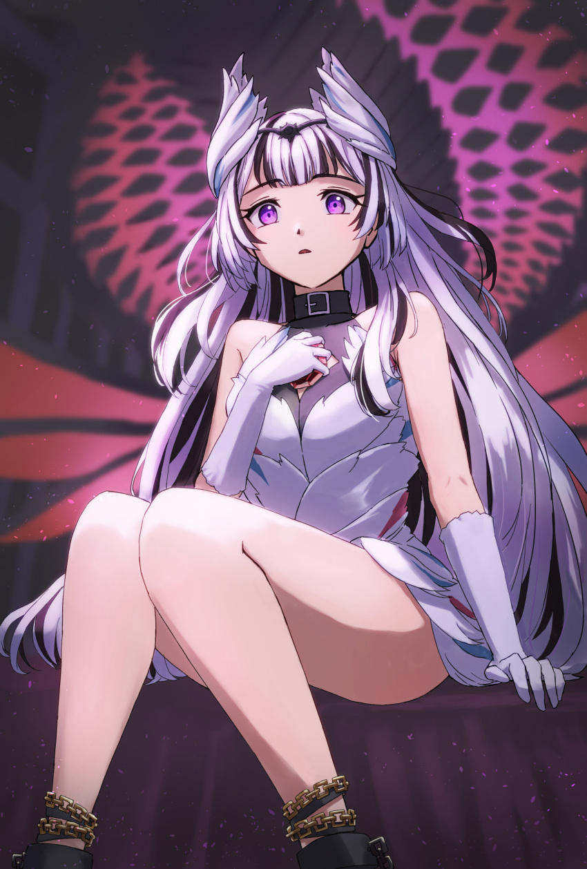 1girl black_hair blurry blurry_background chain collar commentary_request dress eyelashes fire_emblem fire_emblem_engage gloves highres miraioranji multicolored_hair parted_lips purple_eyes sitting snake solo_focus sombron_(fire_emblem) two-tone_hair veyle_(fire_emblem) white_dress white_gloves white_hair