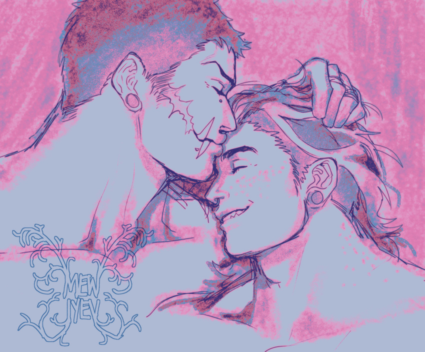 2boys bara charlotte_katakuri couple cuddling facial_hair from_side happy highres kiss kissing_forehead long_hair male_focus maren_(mewtides) mature_male mewiyev multiple_boys muscular muscular_male nude one_piece original pink_theme playing_with_another's_hair profile short_hair sideburns_stubble smile stitches stubble tattoo thick_eyebrows tusks upper_body yaoi