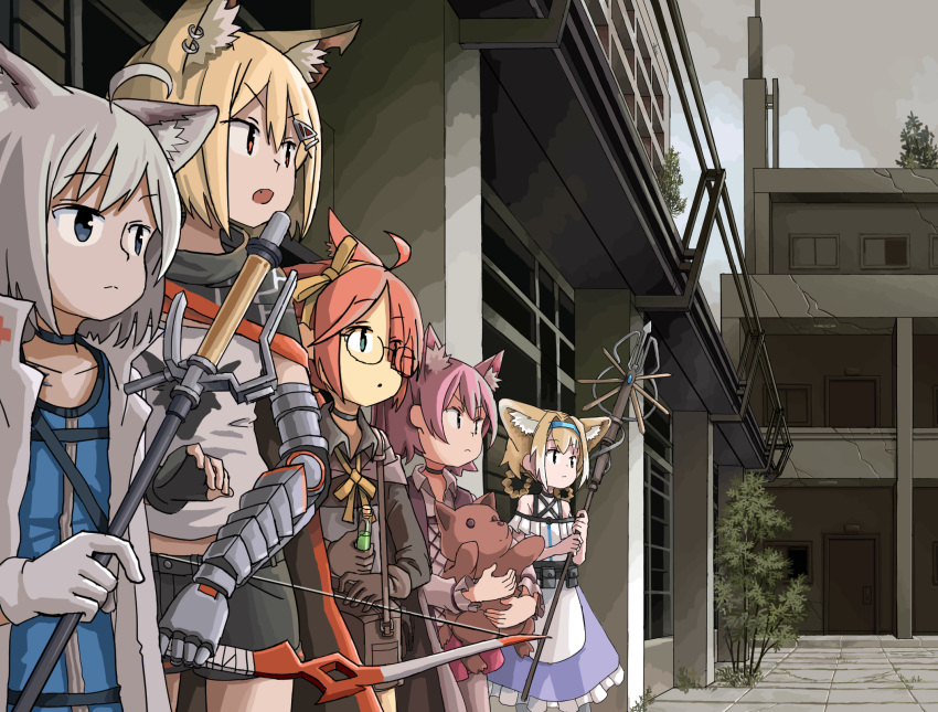 5girls animal_ear_fluff animal_ear_piercing animal_ears arknights blonde_hair blue_eyes closed_mouth fox_ears fox_girl glasses green_eyes grey_hair highres holding holding_staff holding_stuffed_toy morte_(arknights) multiple_girls myrrh_(arknights) notched_ear open_mouth parted_lips prosthesis prosthetic_arm purple_hair red_eyes red_hair shamare_(arknights) short_hair sixten staff stuffed_toy stuffed_wolf sussurro_(arknights) suzuran_(arknights) vermeil_(arknights)