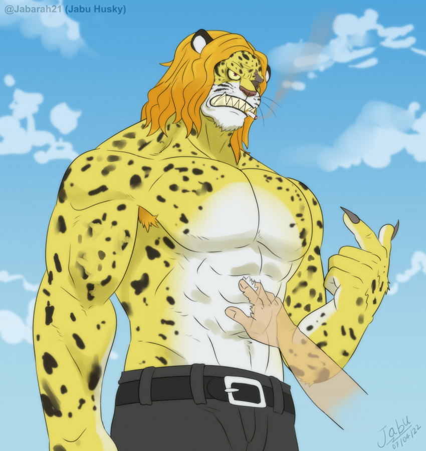 2022 abs anthro armpit_hair belt body_hair bottomwear cigarette clothed clothing disembodied_hand duo eye_scar facial_scar felid fondling hair hand_on_belly hi_res jabuhusky jaguar long_hair male mammal minkmen_(one_piece) one_piece pantherine pants pecs pedro_of_the_treetops scar smoke smoking spots topless